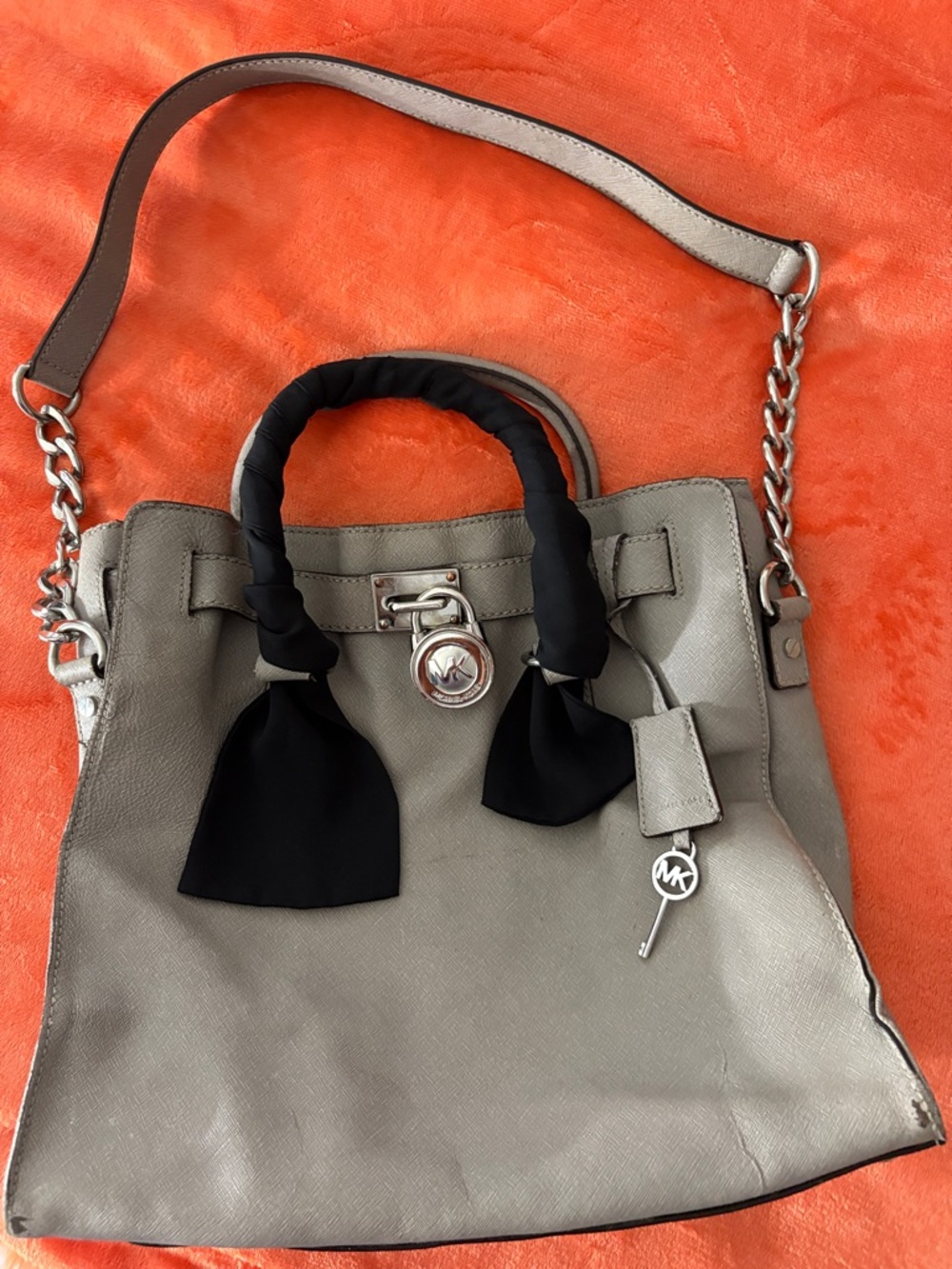 Michael Kors Silver Gray Leather Satchel with Black Scarf-Wrapped Handles
